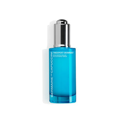 Blue skincare serum bottle with silver cap on a white background