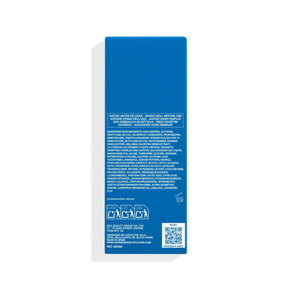 Product packaging with blue label and QR code on a white background
