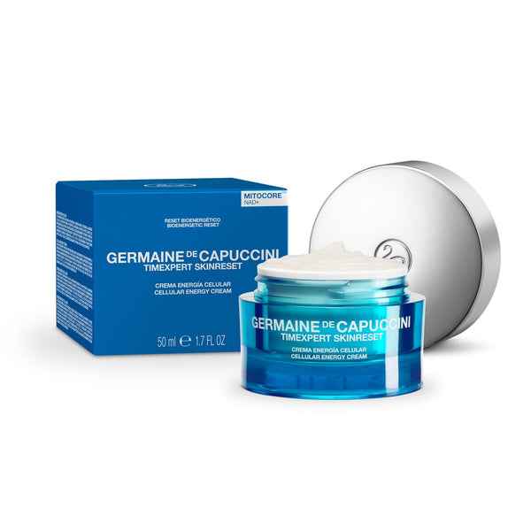 Germaine de Capuccini skincare cream jar with blue packaging and white cap on a white background