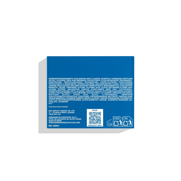 Blue box with text and a QR code on a white background