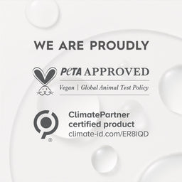 Product label with PETA Approved and ClimatePartner certification logos on a white background