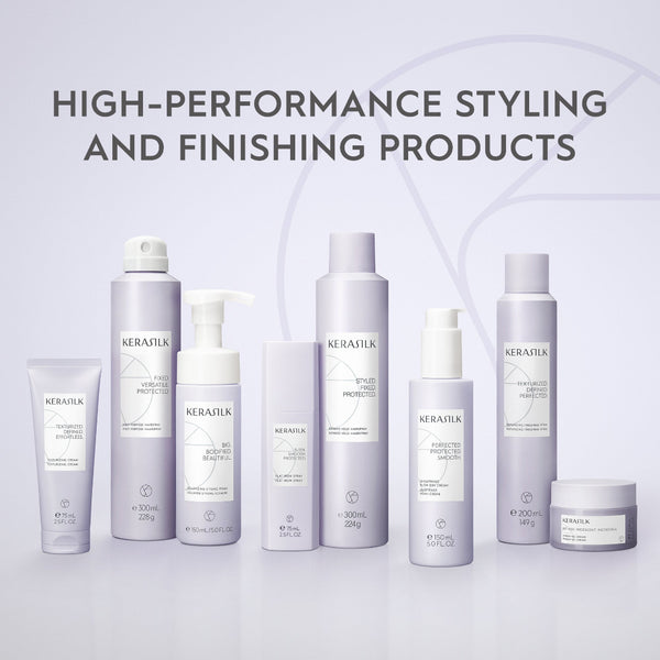 Kerastik hair care products on a light gray background with text 'High-Performance Styling and Finishing Products'.