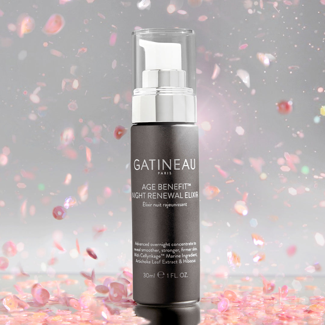 Gatineau Age Benefit Night Renewal Elixir being covered in confetti 