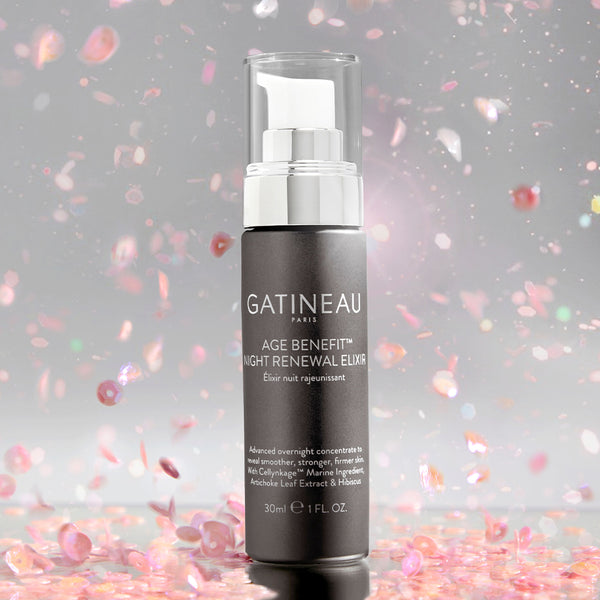 Gatineau Age Benefit Night Renewal Elixir being covered in confetti 