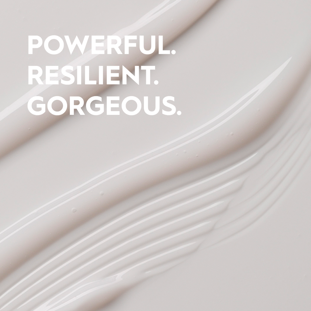 Text 'POWERFUL. RESILIENT. GORGEOUS.' over a light beige background with wavy patterns.
