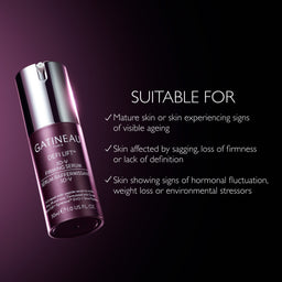 Gatineau Def Lift 3D-Y Draining Serum bottle shown on a dark purple background with white text listing suitability for mature skin and skin showing signs of sagging, loss of firmness, or hormonal fluctuation.