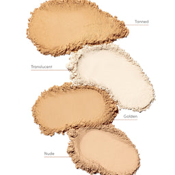 Four different shades of powder labeled 'Tanned', 'Translucent', 'Nude', and 'Golden' on a white background.