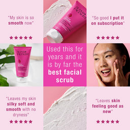 Collage of a pink facial scrub with user testimonials on a pink background