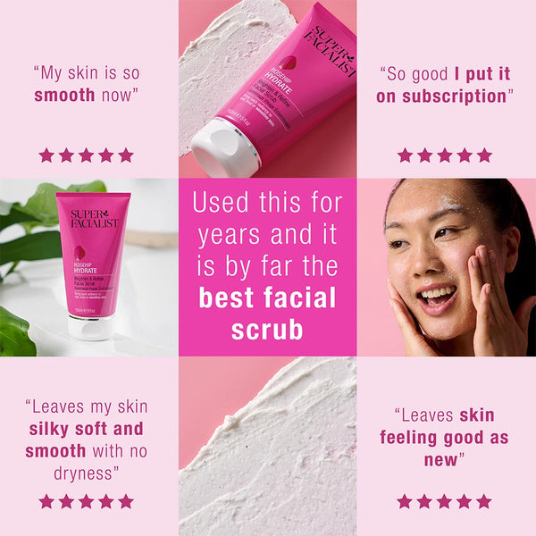Collage of a pink facial scrub with user testimonials on a pink background