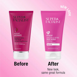 Two Super Facialist face scrubs with 'Before' and 'After' labels on a pink background