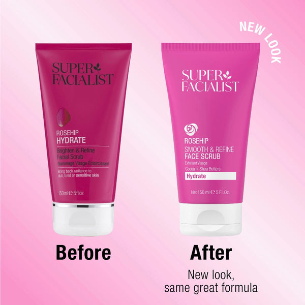 Two Super Facialist face scrubs with 'Before' and 'After' labels on a pink background