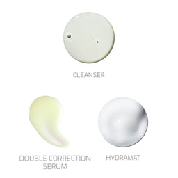 Three cosmetic product swatches labeled 'Cleanser', 'Double Correction Serum', and 'Hydramat' on a white background.