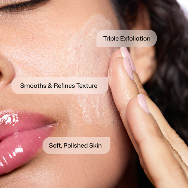 Close-up of a woman's face showing skincare benefits with text labels reading 'Triple Exfoliation,' 'Smooths & Refines Texture,' and 'Soft, Polished Skin.'.