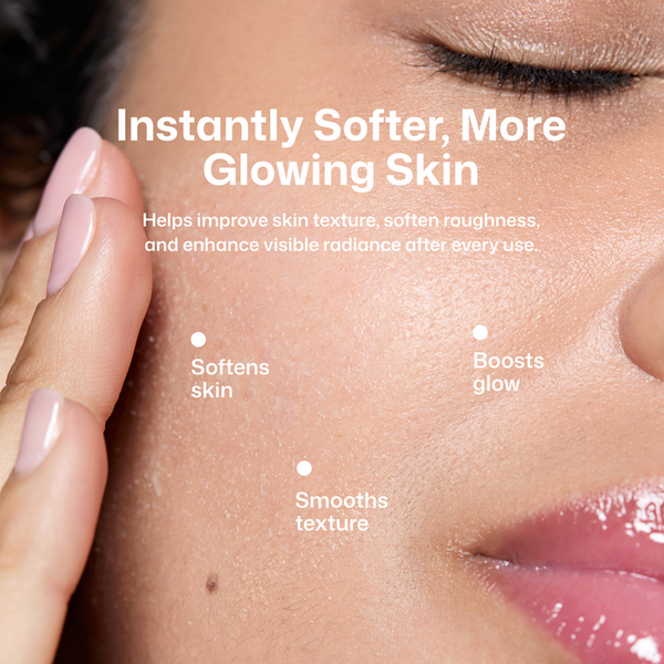 Close-up of a person's face with text reading 'Instantly Softer, More Glowing Skin' and callouts about softening skin, boosting glow, and smoothing texture.