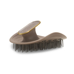 A Tangle Teezer hairbrush in taupe brown with a gold accent trim and dark brown bristles, shown on a clean white background.