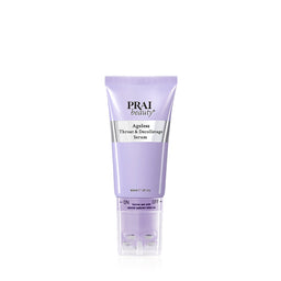 Prai Beauty Ageless Throat & Decolletage Serum in a lavender purple squeeze tube with a clear cap, shown on a white background.