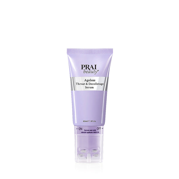Prai Beauty Ageless Throat & Decolletage Serum in a lavender purple squeeze tube with a clear cap, shown on a white background.