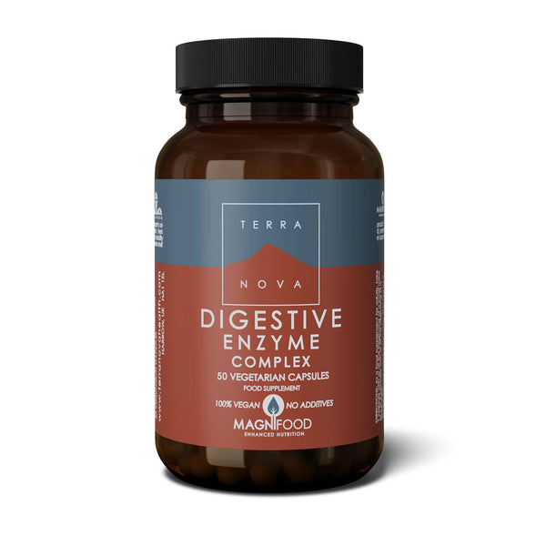 A bottle of Terra Nova Nova Digestive Enzyme Complex by MagniFood, featuring a dark amber brown bottle, a black ribbed cap, and a label with a slate blue top half and a terracotta red bottom half.