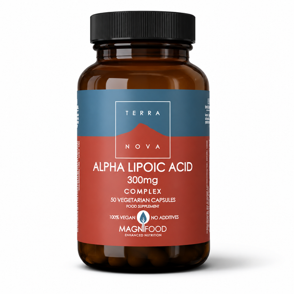 A bottle of Terra Nova Alpha Lipoic Acid 300mg Complex food supplement, featuring an amber glass bottle with a black cap and a blue and red label.