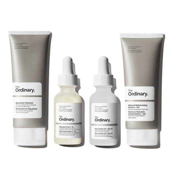 Set of skincare products from The Ordinary on a white background