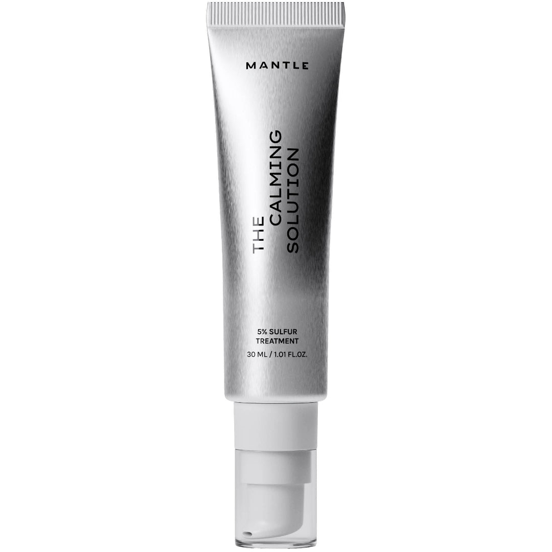 MANTLE The Calming Solution 5% Sulfur Treatment in a metallic silver squeeze tube with a white cap, shown on a plain white background.