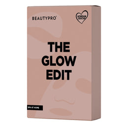 A rectangular BeautyPro product box for 'The Glow Edit' SPA at home, featuring a dusty pink design with abstract skin-tone shapes and bold black text, set against a plain white background.
