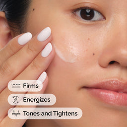 Close-up of a woman applying skincare product to her face with text indicating benefits.