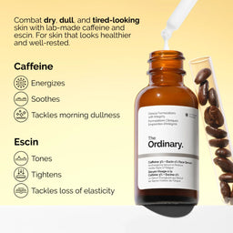 The Ordinary skincare serum bottle with coffee beans and text on a yellow background