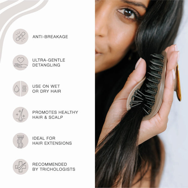 A close-up of a woman holding a dark brown hairbrush against her long black hair, with a text panel on the left listing benefits such as anti-breakage, ultra-gentle detangling, use on wet or dry hair, healthy hair and scalp support, ideal for hair extensions, and trichologist recommendation.
