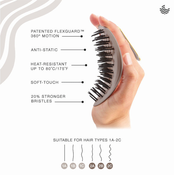 A hand holds a flexible hairbrush with black bristles and a gray handle, shown on a white background with feature callouts and a hair type suitability diagram.
