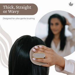 A close-up of a person brushing thick, straight, or wavy black hair with a beige and gold hairbrush. An inset circular photo shows a woman looking at her reflection, and text reads 'Thick, Straight or Wavy' and 'Designed for ultra-gentle brushing.