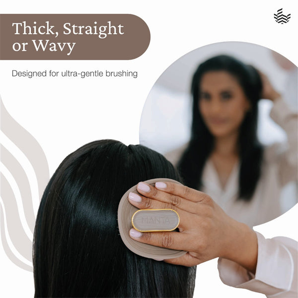 A close-up of a person brushing thick, straight, or wavy black hair with a beige and gold hairbrush. An inset circular photo shows a woman looking at her reflection, and text reads 'Thick, Straight or Wavy' and 'Designed for ultra-gentle brushing.