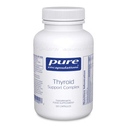 A white plastic bottle of Pure Encapsulations Thyroid Support Complex dietary supplement, containing 120 capsules, shown on a clean white background.
