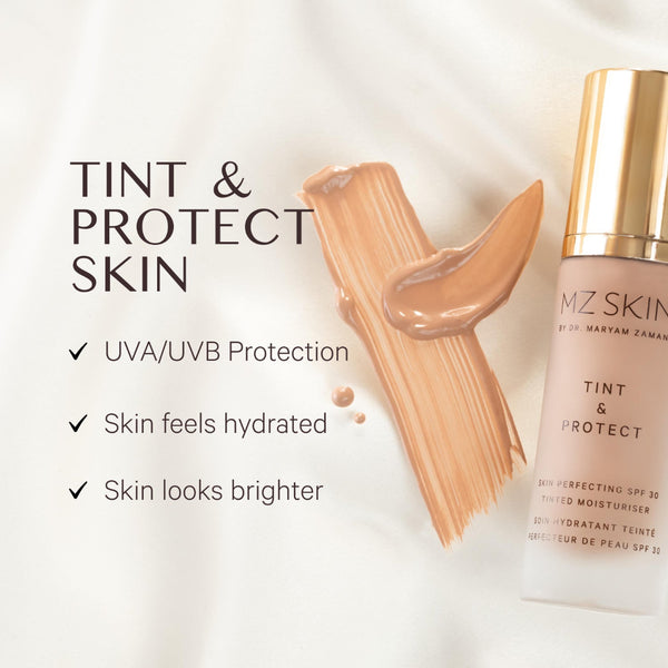 MZ Skin tint and protect skin product with applicator on a light background