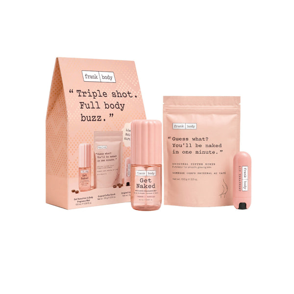 Frank Body Get Naked Triple Shot natural copper rinse set, featuring a peach-colored gift bag, a bottle, a pouch, and a stick, displayed on a clean white background.