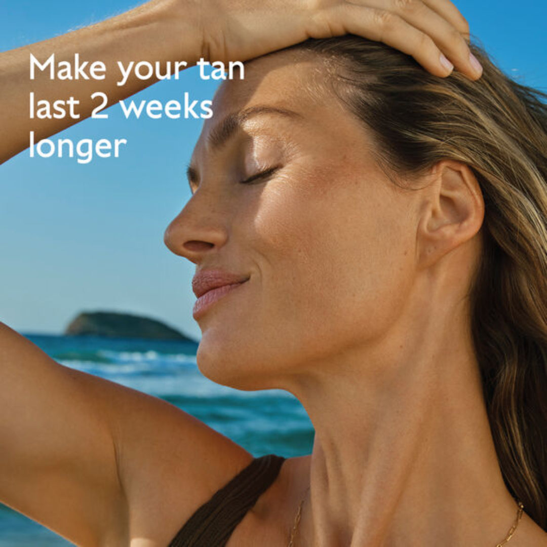 Woman with a sun-kissed tan against a beach background with text overlay.