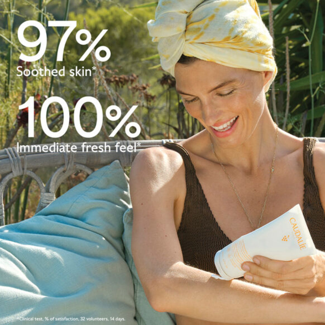 Woman applying sunscreen with text claiming 97% soothed skin and 100% immediate fresh feel.