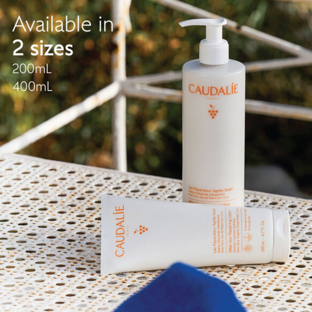 Caudélé skincare products on a textured surface with outdoor background