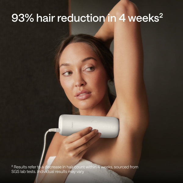 A woman with her arm raised holds a white hair removal device under her armpit. White text at the top reads '93% hair reduction in 4 weeks' and small disclaimer text appears at the bottom.
