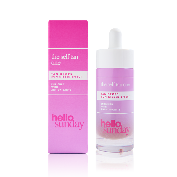 Bottle and packaging of 'hello sunday' self-tan product on a white background