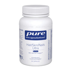 A white bottle of Pure Encapsulations Hair/Skin/Nails Ultra supplement with a blue and white label, on a white background.