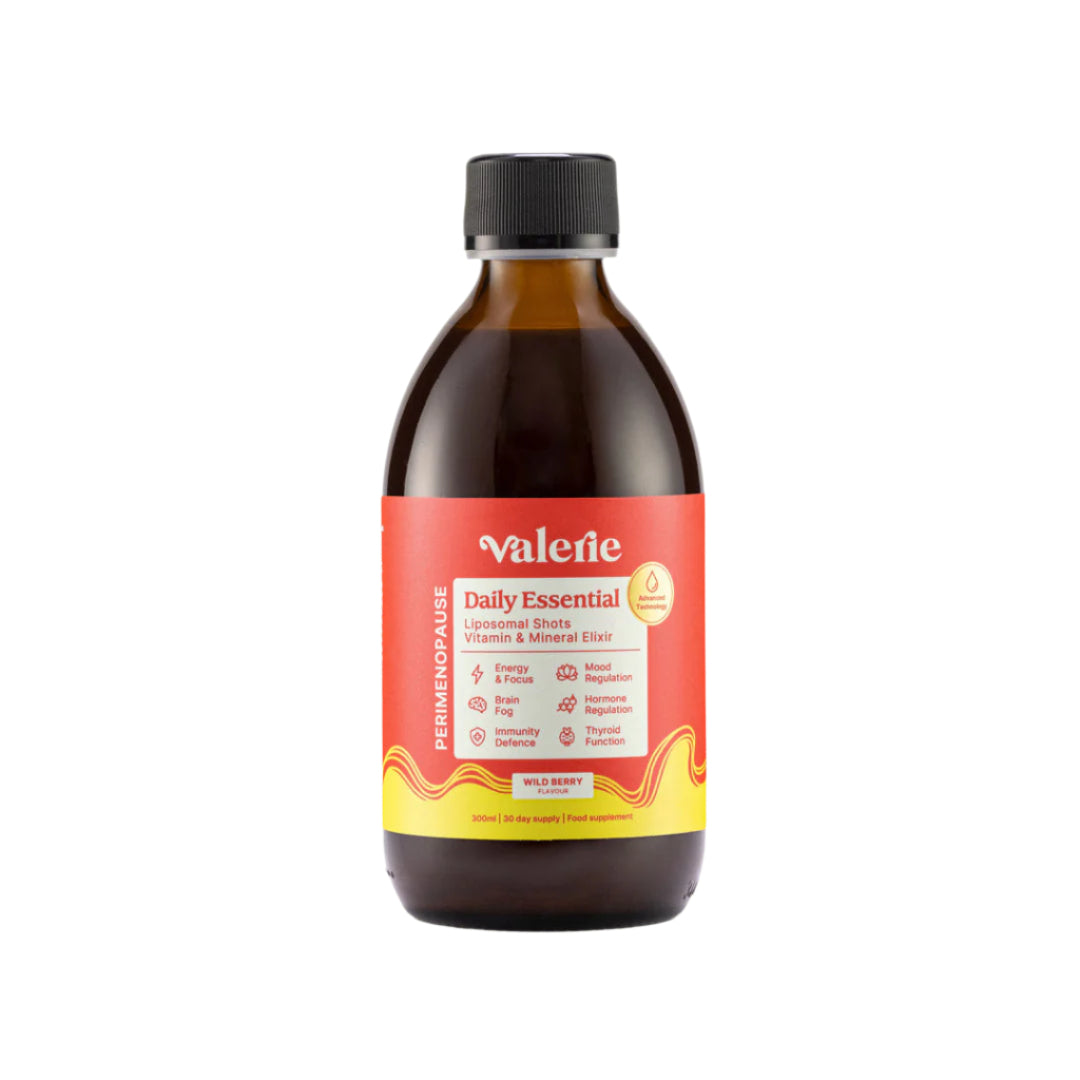 Bottle of Valerie Daily Essential on a light beige background
