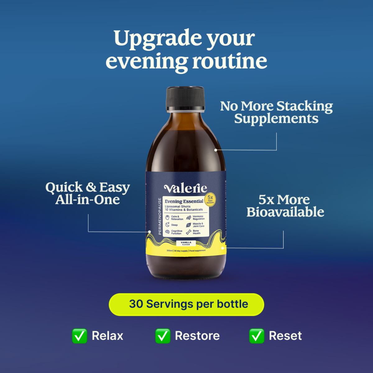 Bottle of Valerie supplement with promotional text on a blue background