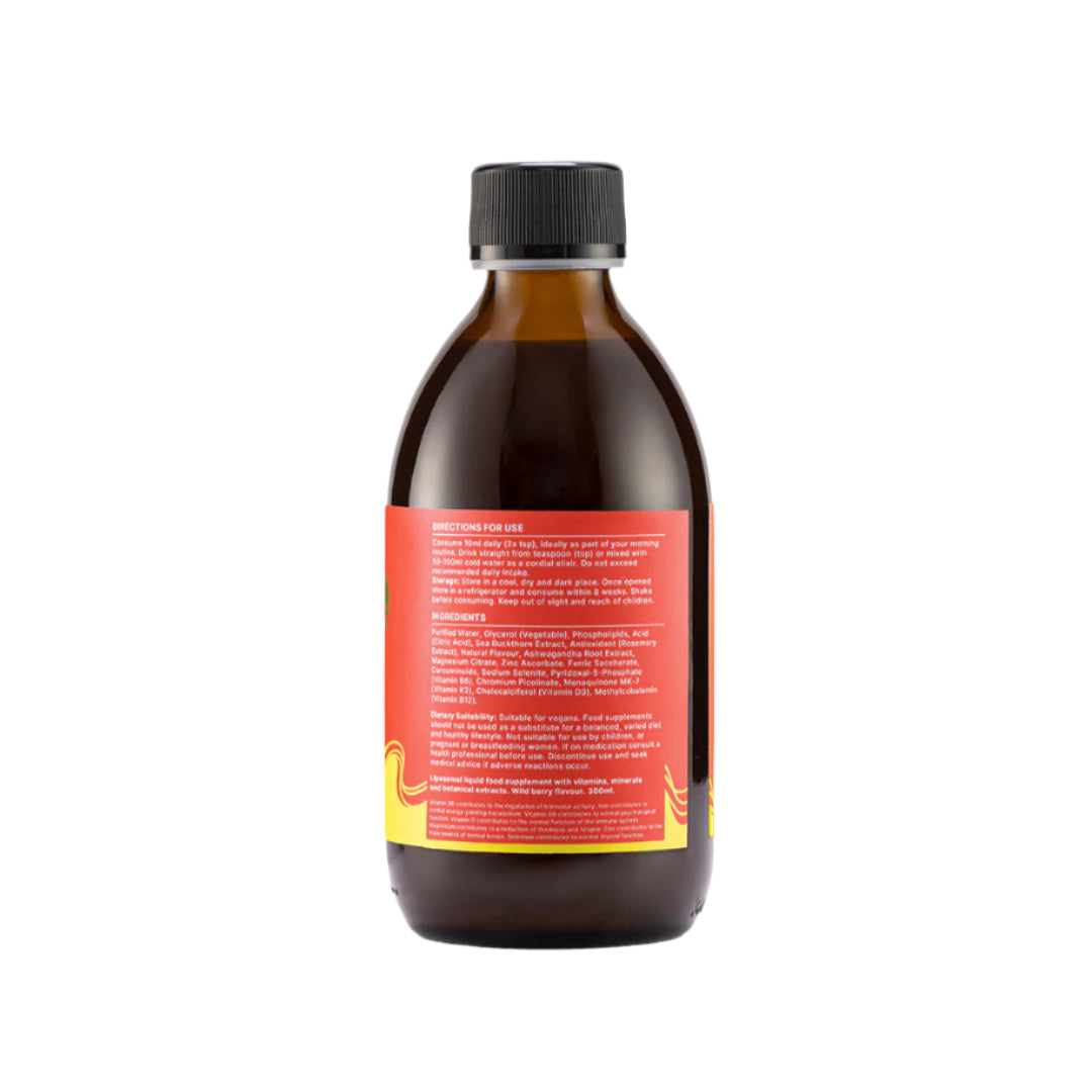 Bottle with a red label on a light beige background