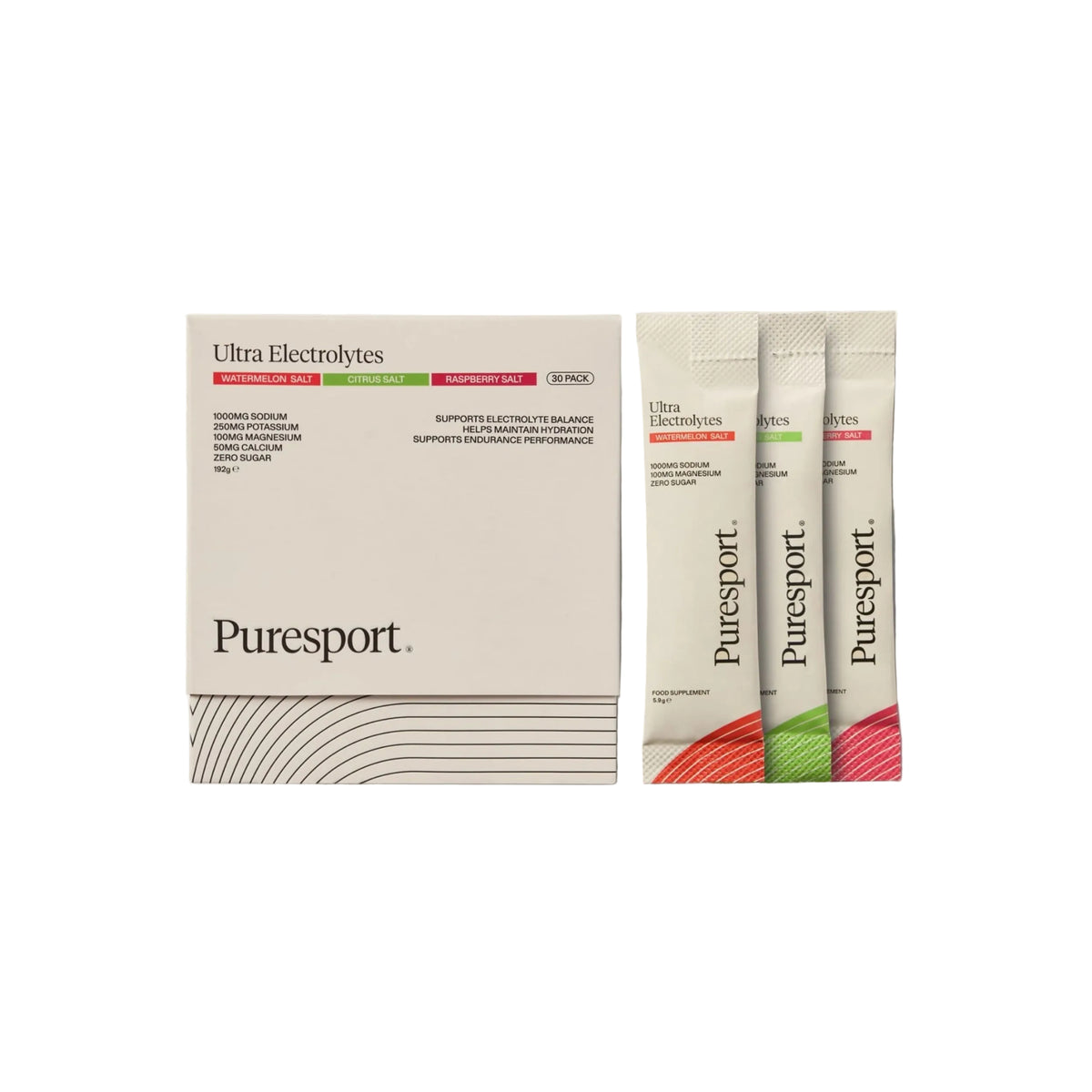 Puresport Ultra Electrolytes packaging on a light gray background