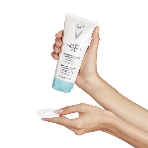 Vichy Purete Thermale 3-In-1 One Step Cleanser on someones hand