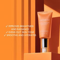 Gatineau skincare serum bottle on an orange background with product benefits listed.