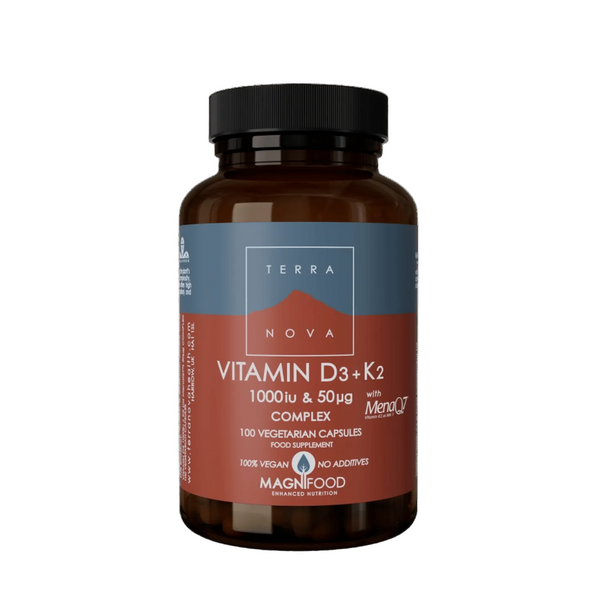 Terra Nova Vitamin D3+K2 supplement bottle on a white background