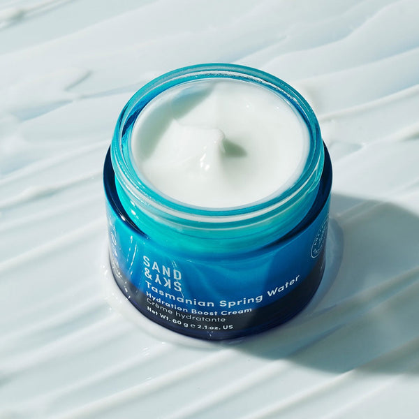Sand & Sky Tasmanian Spring Water Hydration Boost Cream tub with an open lid revealing its contents