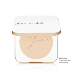 A Jane Iredale Tints refillable compact powder compact shown open against a white background, with the beige pressed powder visible inside and the brand name 'jane iredale' printed on the white lid.